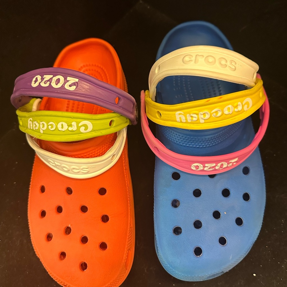 Limited   2020 Crocs Clog Pair in Orange and Blue with Multicolor Straps